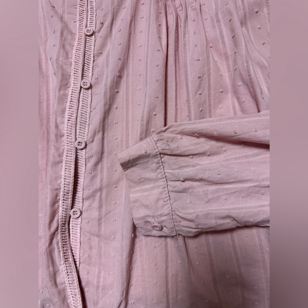 Pink Top Women Size Large Cotton Swiss Dot Pleated Ruffle Round Neckline Long - Picture 12 of 13